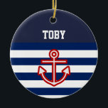 Weiße Streifen der Nautic Navy Keramikornament<br><div class="desc">Wunderschönes zeitloses Design für nautische Segler mit Anker. Geeignet für die Gestaltung des Kinderzimmers. Anpassbar in Zazzle mit eigenem Text für ein personalisiertes Design. Karo aus meinem Shop für passende Artikel!</div>