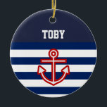 Weiße Streifen der Nautic Navy Keramikornament<br><div class="desc">Wunderschönes zeitloses Design für nautische Segler mit Anker. Geeignet für die Gestaltung des Kinderzimmers. Anpassbar in Zazzle mit eigenem Text für ein personalisiertes Design. Karo aus meinem Shop für passende Artikel!</div>