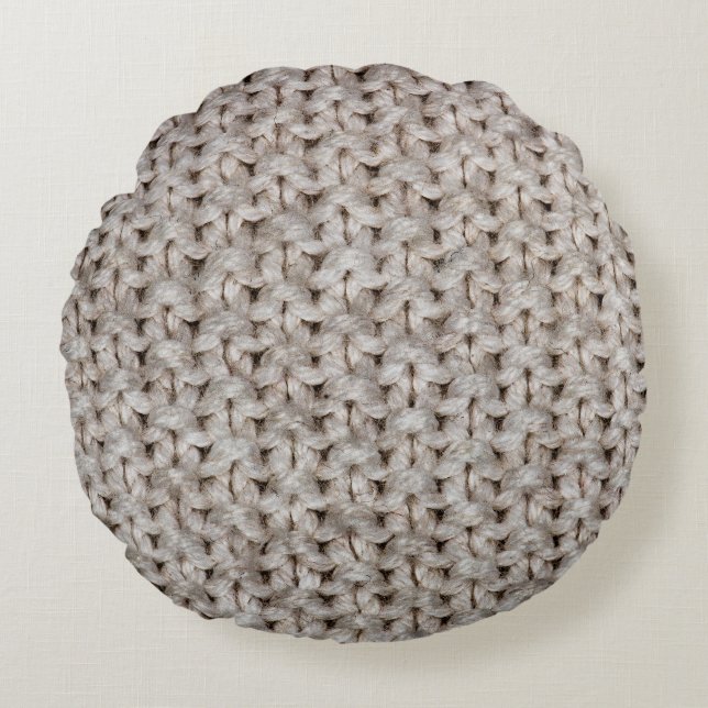 Weiße Strickwolle: gemütliche Textur. Rundes Kissen (Vorderseite)