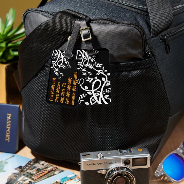 Weiße Struktur und Blume über schwarze Vorlage  Gepäckanhänger (Vorderseite & Rückseite)