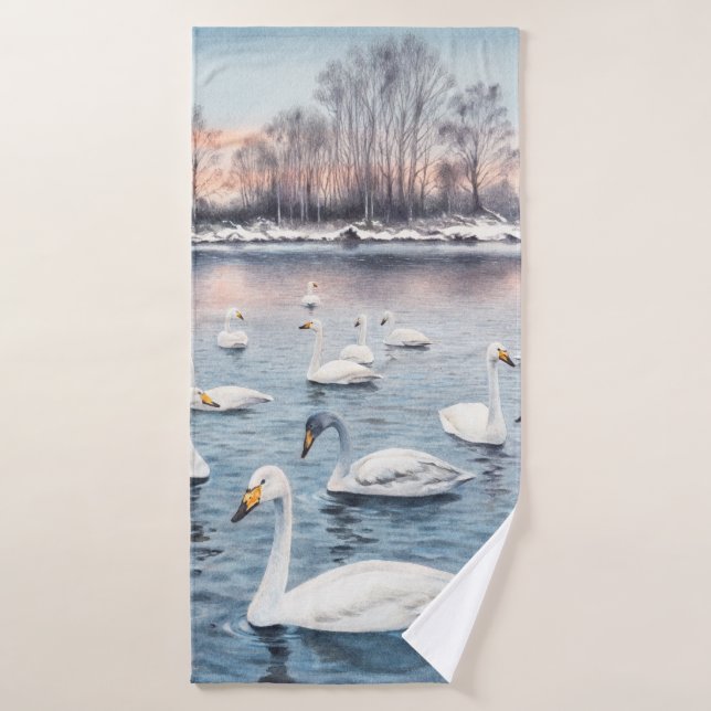 Weiße Stumme schwan auf einem See. Aquarellmalerei Badehandtuch (Badehandtuch)