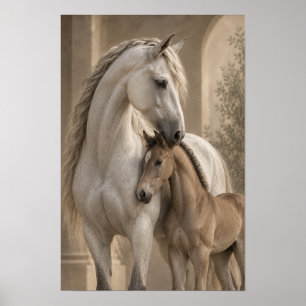 Weiße Stute und Fohlen Reitporträt Wandkunst Poster