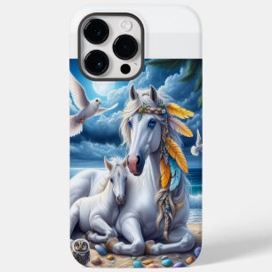 Weiße Stute und Fohlen unter dem Mond iPhone 14 Pro Max Hülle