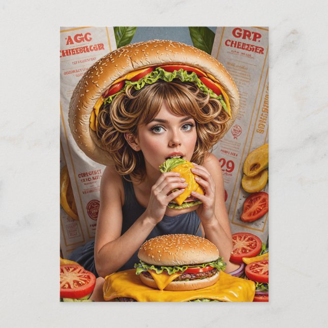 Weiße Surreal-Girl mit Cheeseburger-Hut Postkarte (Vorderseite)