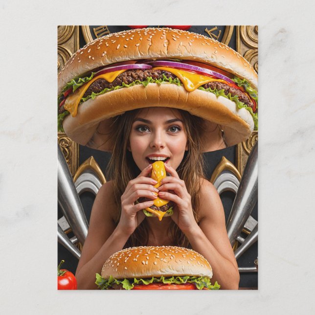 Weiße Surreal-Girl mit Cheeseburger-Hut Postkarte (Vorderseite)