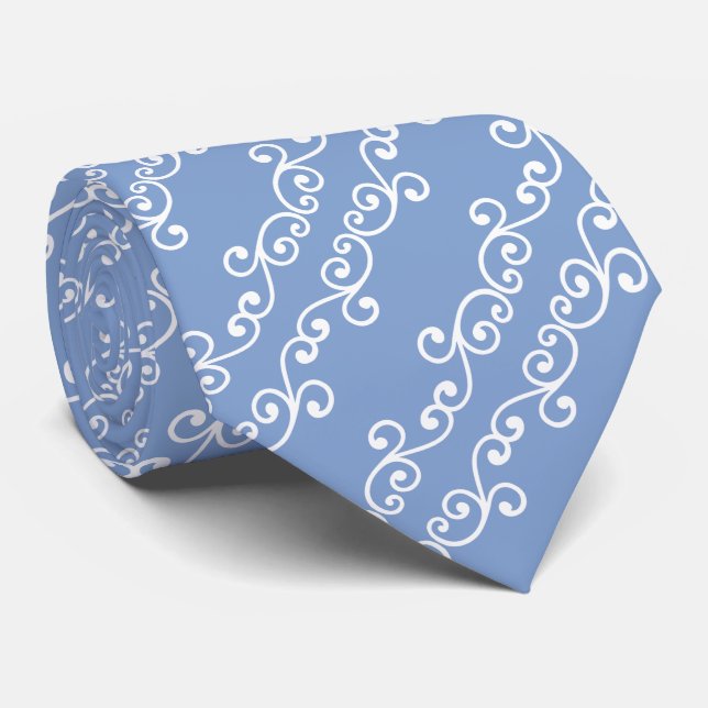 Weiße Swirl Vector Muster auf Sky Blue Krawatte (Gerollt)