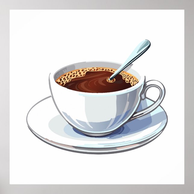 Weiße Tasse auf einem Unterteller gefüllt mit Kaff Poster (Vorne)