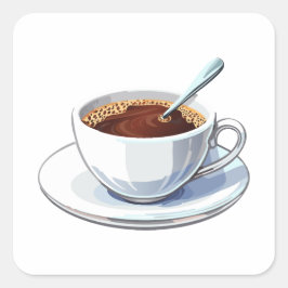 Weiße Tasse auf einem Unterteller gefüllt mit Kaff Quadratischer Aufkleber