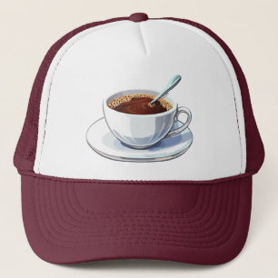 Weiße Tasse auf einem Unterteller gefüllt mit Kaff Truckerkappe