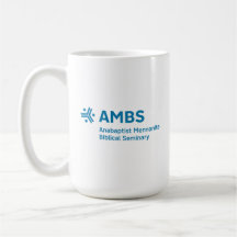 Weiße Tasse mit blauem AMBS-Logo