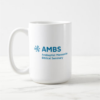 Weiße Tasse mit blauem AMBS-Logo