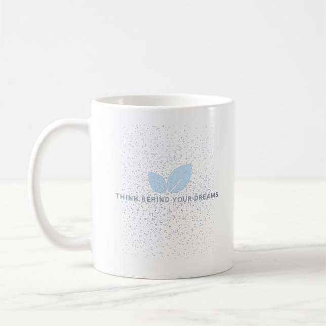 Weiße Tasse mit blauem Leaf-Design und Zitat (Links)
