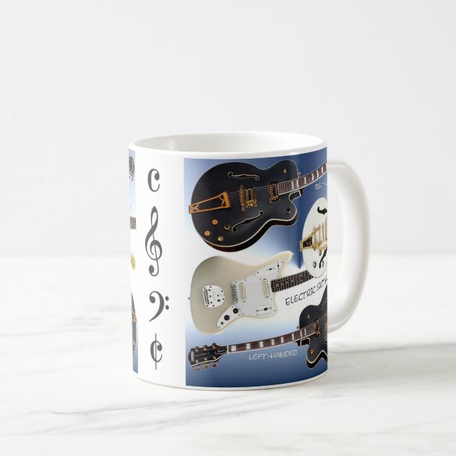 Weiße Tasse mit schönem elektrische Gitarren-Dekor (VorderseiteRechts)