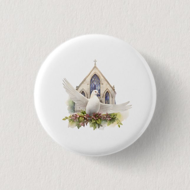 Weiße Taube mit Kirche Button (Vorderseite)