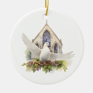 Weiße Taube mit Kirche Keramik Ornament