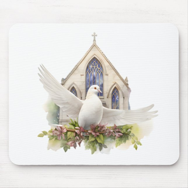 Weiße Taube mit Kirche Mousepad (Vorne)