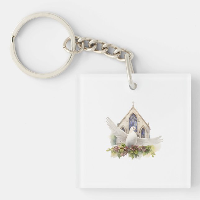 Weiße Taube mit Kirche Schlüsselanhänger (Vorderseite)