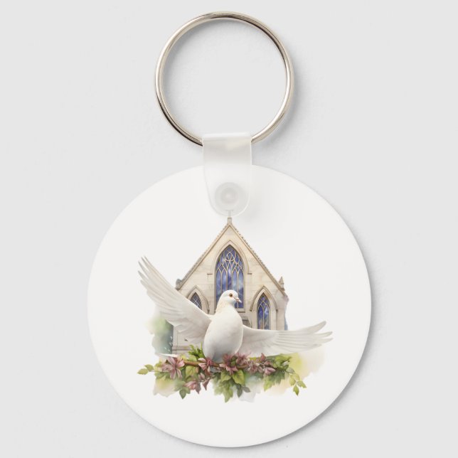 Weiße Taube mit Kirche Schlüsselanhänger (Vorderseite)