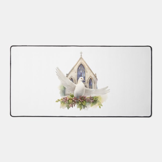 Weiße Taube mit Kirche Schreibtischunterlage (Vorderseite)