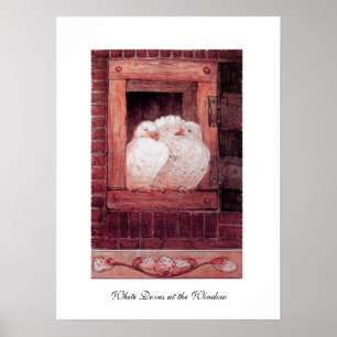 WEIßE TAUBEN AM FENSTER, einzigartiges Rot Pink Poster