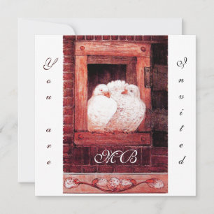 WEIßE TAUBEN AM FENSTER, rotes Monogramm Einladung