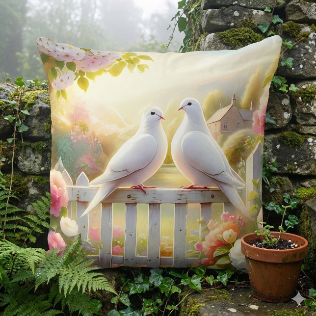 Weiße Tauben Cottage-Garten Kissen (White Doves Cottage Garden Throw Pillow Mockup A)