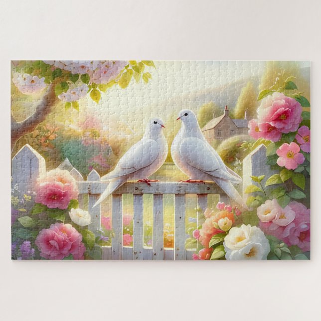 Weiße Tauben Cottage-Garten Puzzle (Horizontal)