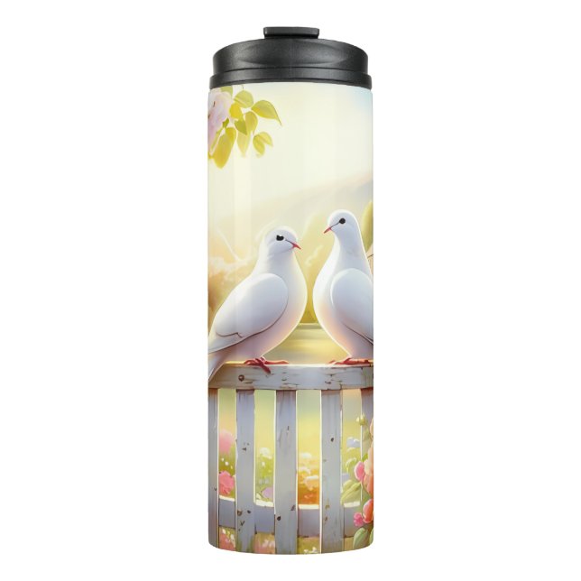 Weiße Tauben Cottage-Garten Thermosbecher (Vorderseite)