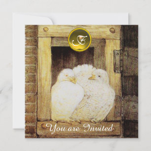 WEIßE TAUBEN IN FENSTER BRAUN GELBE HOCHZEITSPARTY EINLADUNG