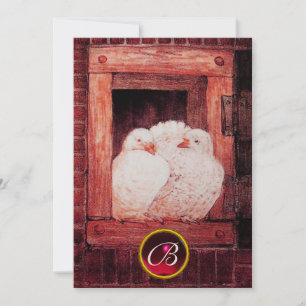 WEIßE TAUBEN IN ROTEM FENSTER HOCHZEITSMONOGRAMM EINLADUNG