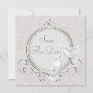 Weiße Tauben & Perlen Paisley-Spitze Save-the-Date Save The Date