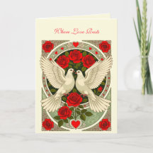 Weiße Tauben und rote Rosen Art Nouveau