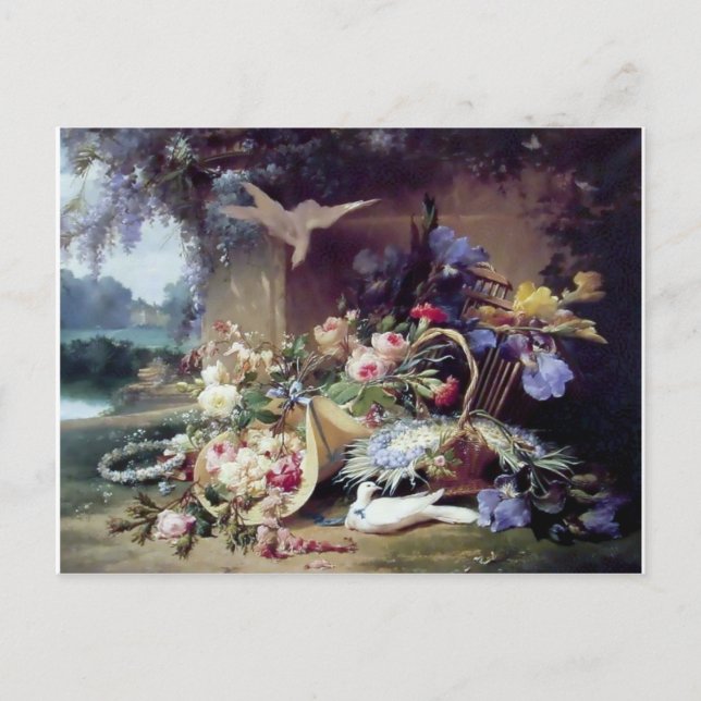 Weiße Tauben Vögel Blume Malerei Postkarte (Vorderseite)