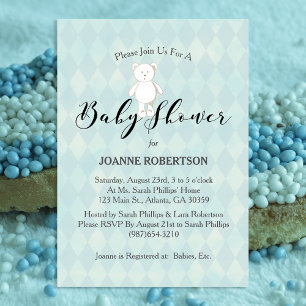 Weiße Teddybär-Babyparty Blauer Diamant Einladung