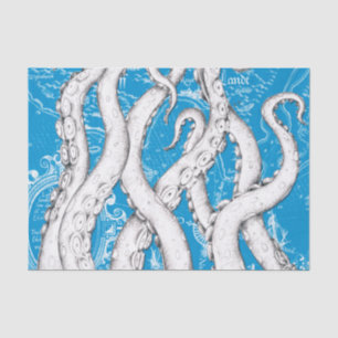 Weiße Tentakel Octopus Vintag Map Blaue Karte Seidenpapier