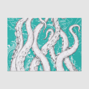 Weiße Tentakel Oktopus Vintage Karte Aquamarine Üb Seidenpapier
