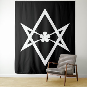 Weiße Thelema-Massiv-Unicursal-Hexagramm auf Schwa Wandteppich