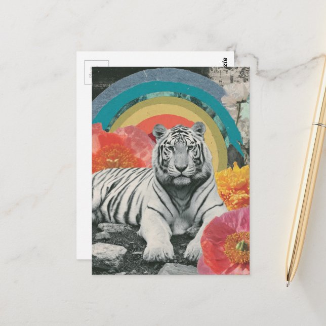 Weiße Tiger-Collage mit Regenbogen und Blumen Postkarte (Vorderseite/Rückseite Beispiel)