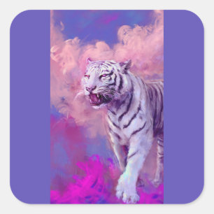 Weiße Tiger-Fantasie-Kunst – Violette Traumlandsch Quadratischer Aufkleber