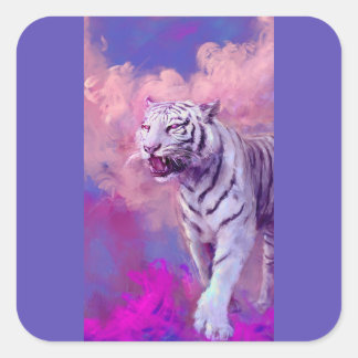 Weiße Tiger-Fantasie-Kunst – Violette Traumlandsch Quadratischer Aufkleber