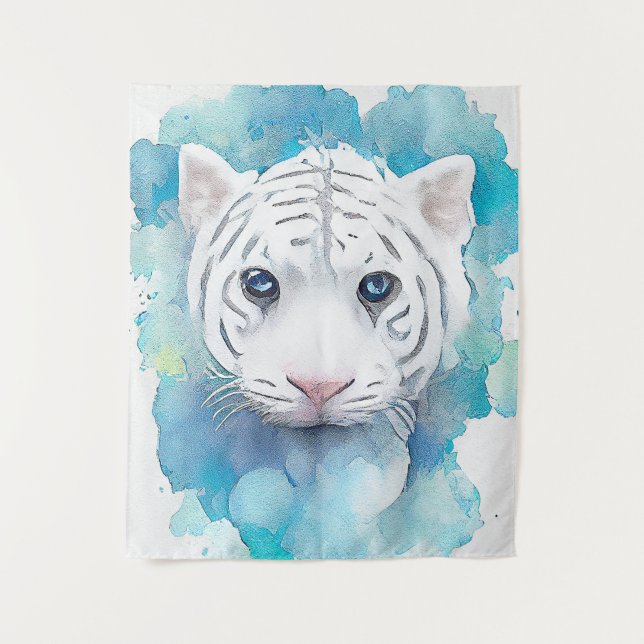 Weiße Tiger Wilde Tiere Natur Wasserfarbe Kunst Wandteppich (Vorderseite)