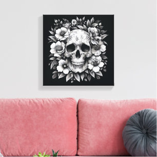 Weiße Tinte Floral-Schädel-Gotik-Wand-Leinwand Leinwanddruck