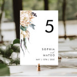 Weiße Tischnummer<br><div class="desc">Wir haben diese Tischnummer der Weißen Flora entworfen, um Ihre rustikale, dunkle tropische Hochzeit zu vervollständigen. Die böhmische Aquarellanlage mit ihren modernen böhmischen Blume, wie Protea, Dahlia und getrockneter Lotus, ist ein Set für das modisch-minimalistische Grün und Weiß. Ändern Sie den Text und fügen Sie ein Foto, um es zu...</div>