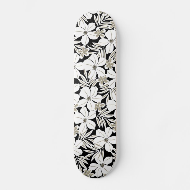 Weiße tropische Blume auf schwarz Skateboard (Vorderseite)