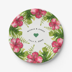 Weiße tropische Hibiskusblätter Schicke Hochzeitsf Pappteller