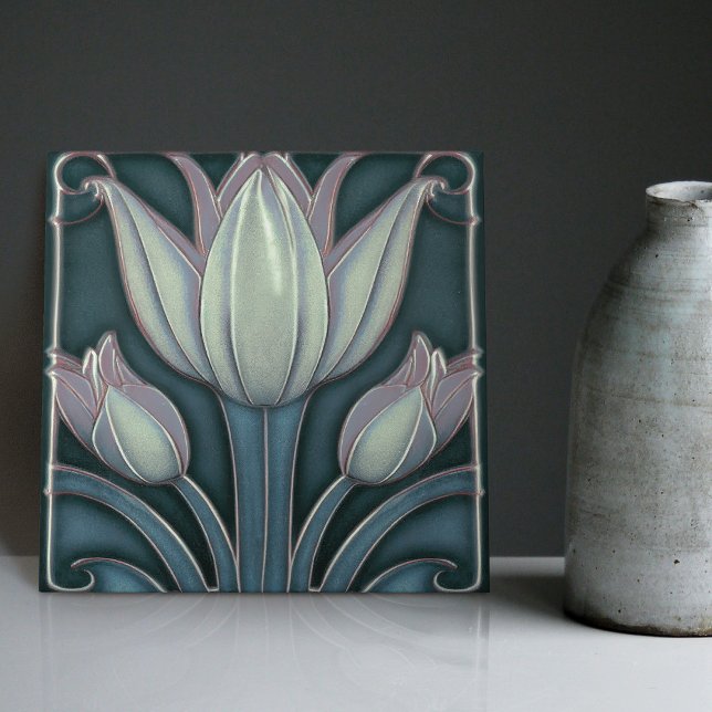 Weiße Tulips zum blauen symmetrischen Jugendstil Fliese (Von Creator hochgeladen)