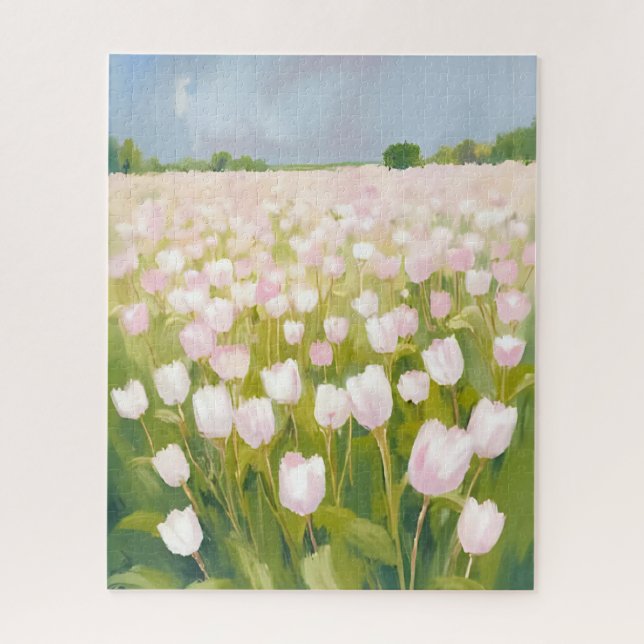 Weiße Tulpen-Blumenfeld-Malerei Puzzle (Vertikal)