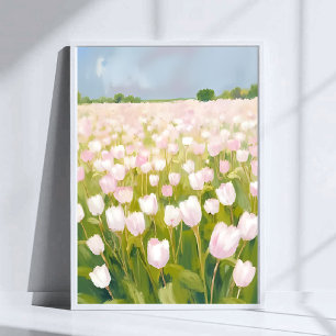 Weiße Tulpen-Blumenfeldmalerei Aquarell Poster