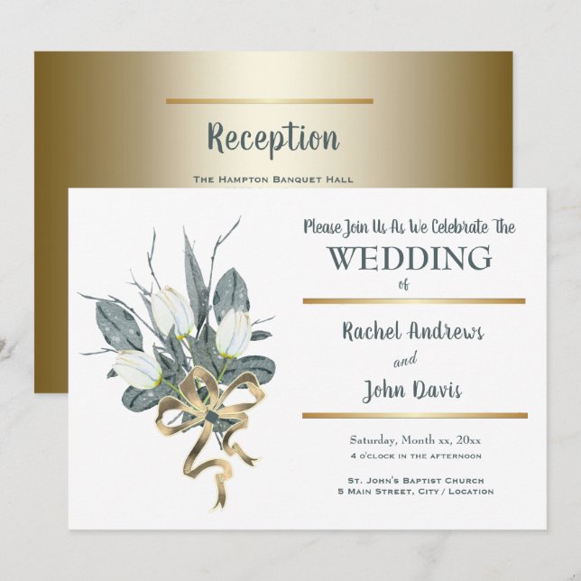 Weiße Tulpen mit Gold, Einladung zur Hochzeit (Vorne/Hinten)
