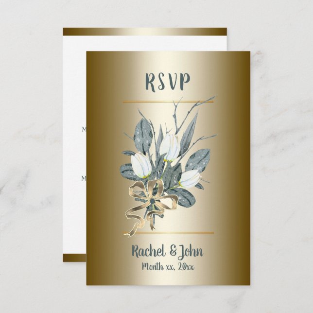 Weiße Tulpen mit Gold, Hochzeit RSVP Karte (Vorne/Hinten)